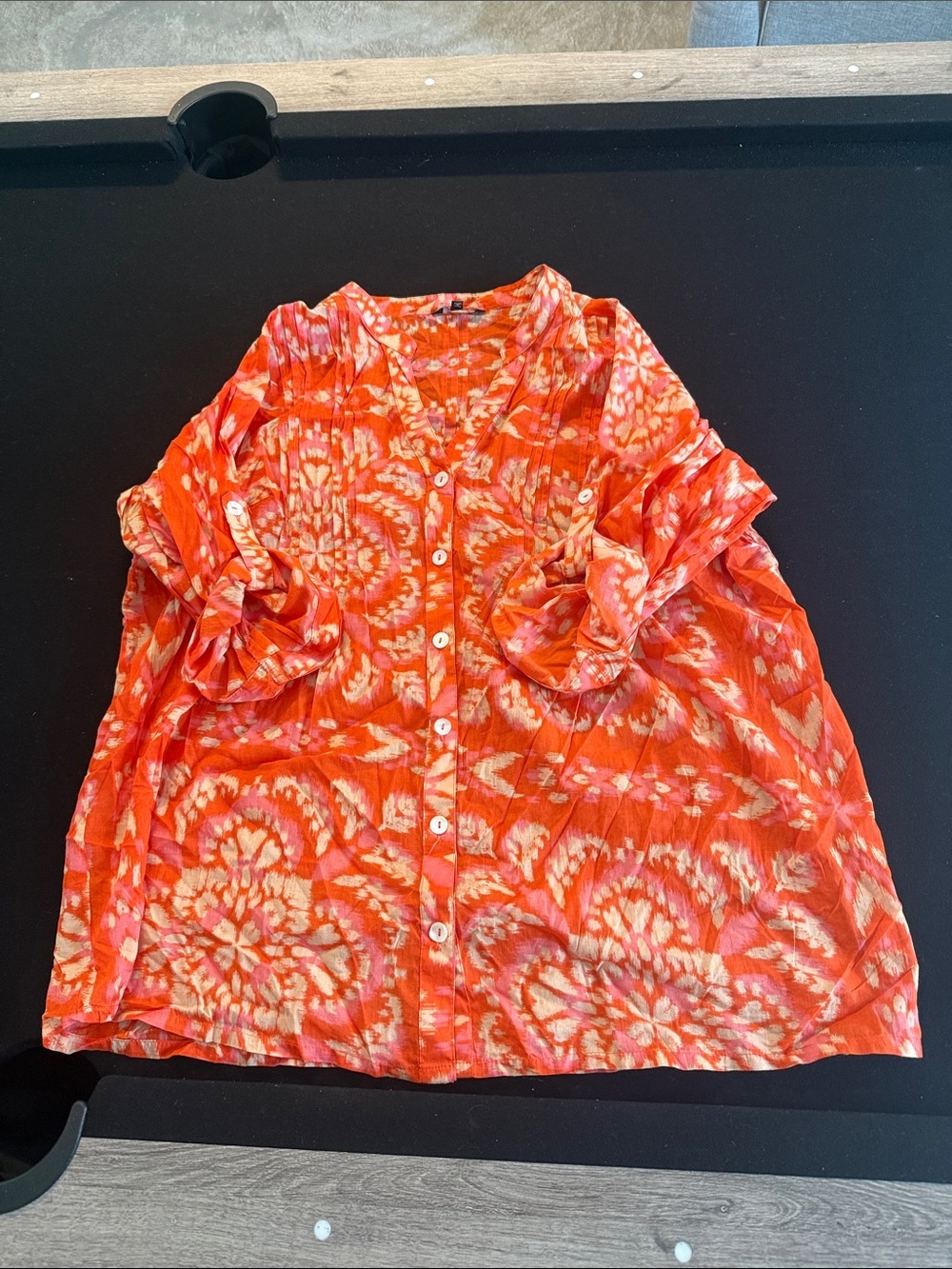 Women's Bright Orange Printed Button-Up Blouse